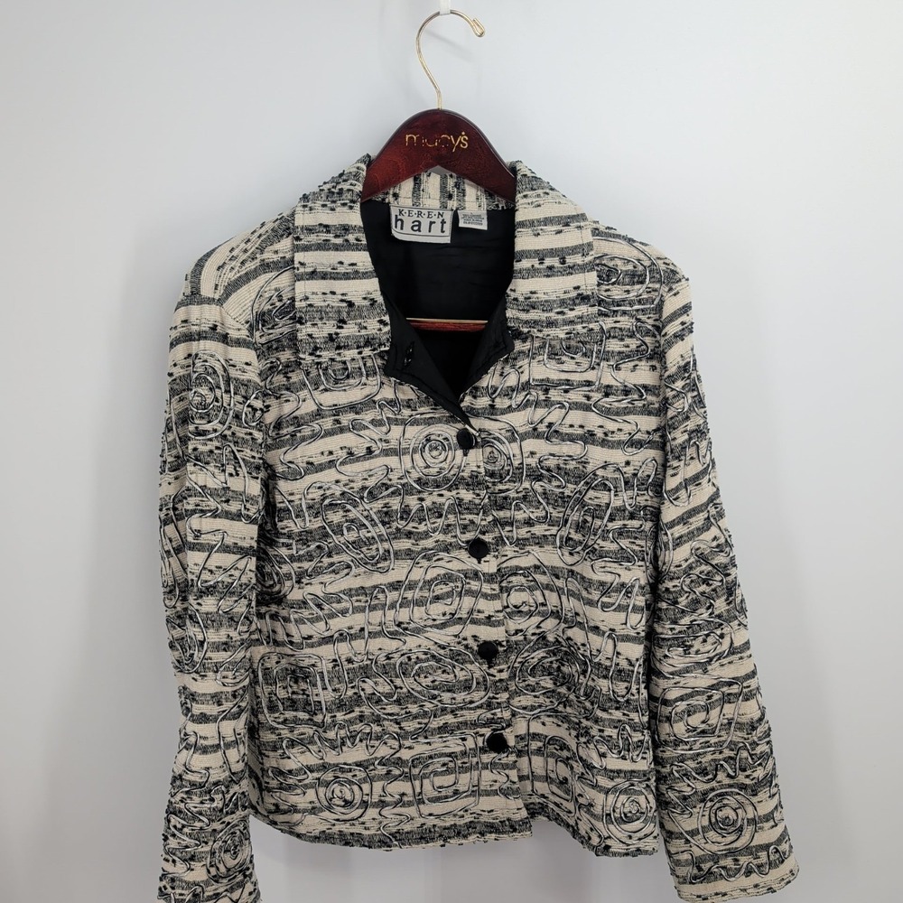 Keren Hart Striped Abstract Swirling Motifs Button Front Jacket Cream Size L
